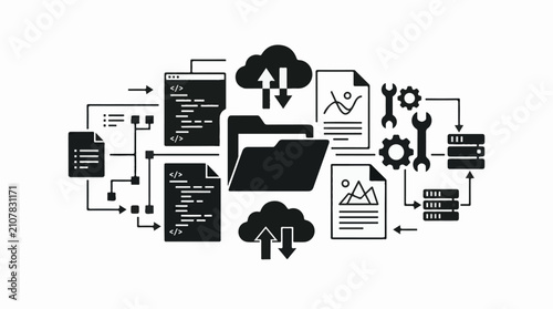 Technology flow diagram with code files cloud and servers