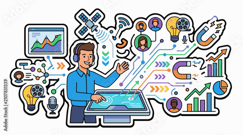 Technician interacting with digital interface surrounded by data and communication symbols