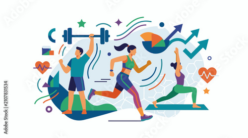 Three individuals engaged in diverse fitness activities with abstract elements