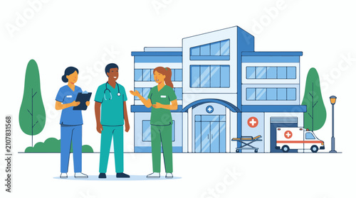 Three healthcare workers in scrubs stand outside a modern hospital