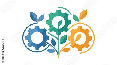 Three gears integrated with organic plant elements in colorful abstract design