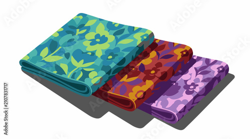 Three folded fabrics with floral patterns in teal red and purple