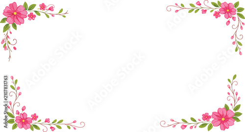 Pink floral border with decorative green leaves and vines on white background elegant ornamental frame vector illustration design