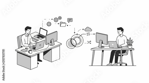 Two men at desks with computers and connecting digital process elements
