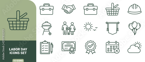 Foto Labor day icon set featuring picnic basket, hard hat, barbecue grill, family, ca