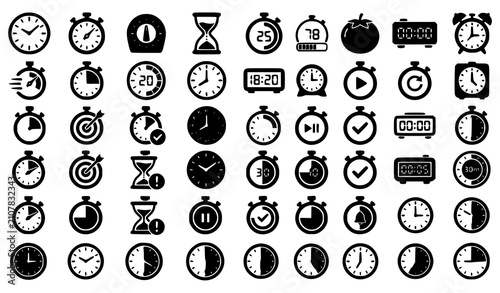 Black Timer and Clock Icon Pack Vector Collection for Web and App Design