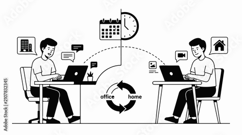 Two individuals working on laptops in office and home settings