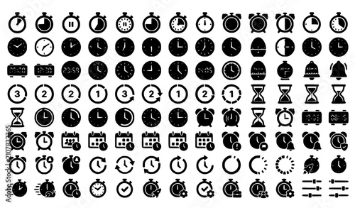 Modern Black Timer Clock Icons Vector Set for User Interface and Apps