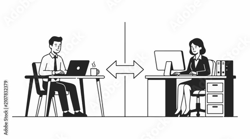Two individuals work separately at desks with a symbol of connection between them