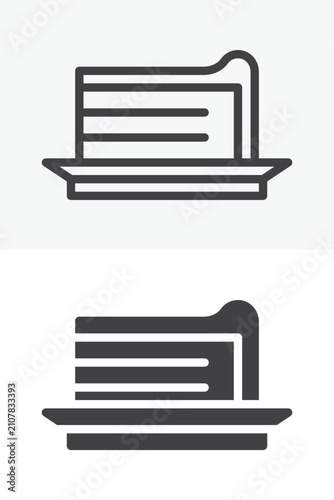 Cake slice icon set with layered dessert on saucer in line, outline and solid styles. Vector icon with editable stroke sign and symbol for cafe bakery menus.