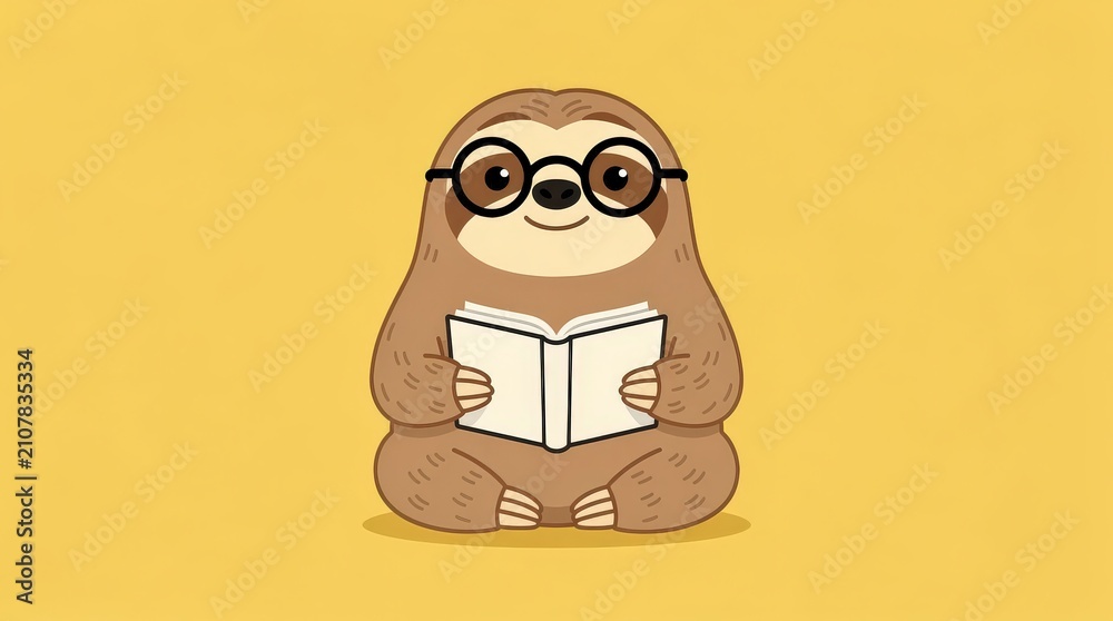 Fototapeta premium A cute sloth wearing glasses sits cross-legged, happily reading a book against a yellow background.