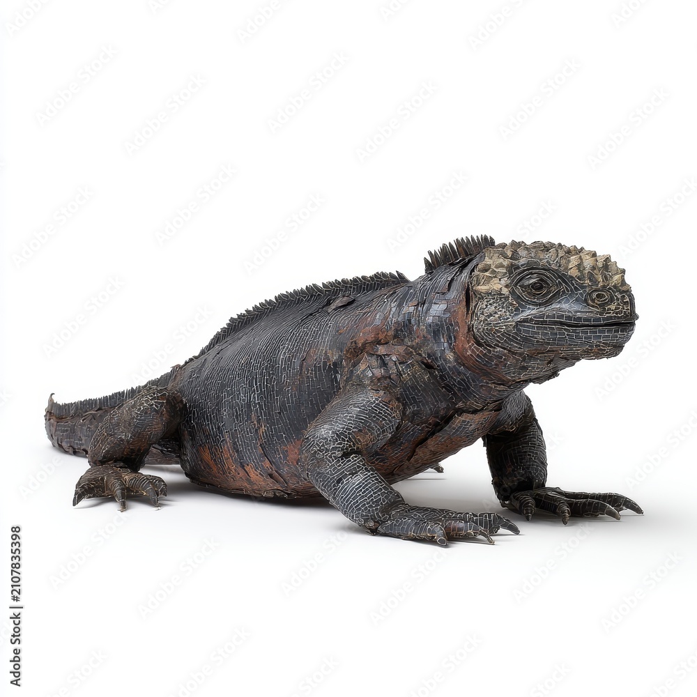 Fototapeta premium Black Marine Iguana With Speckled Texture On Isolated White Background Professional Wildlife Photo