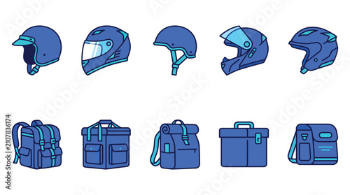 Foto Vibrant blue vector illustration set featuring various motorcycle helmets and co