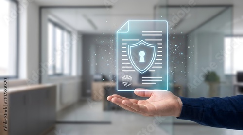 Biometric security authentication for digital contract featuring glowing document hologram with fingerprint and lock icons