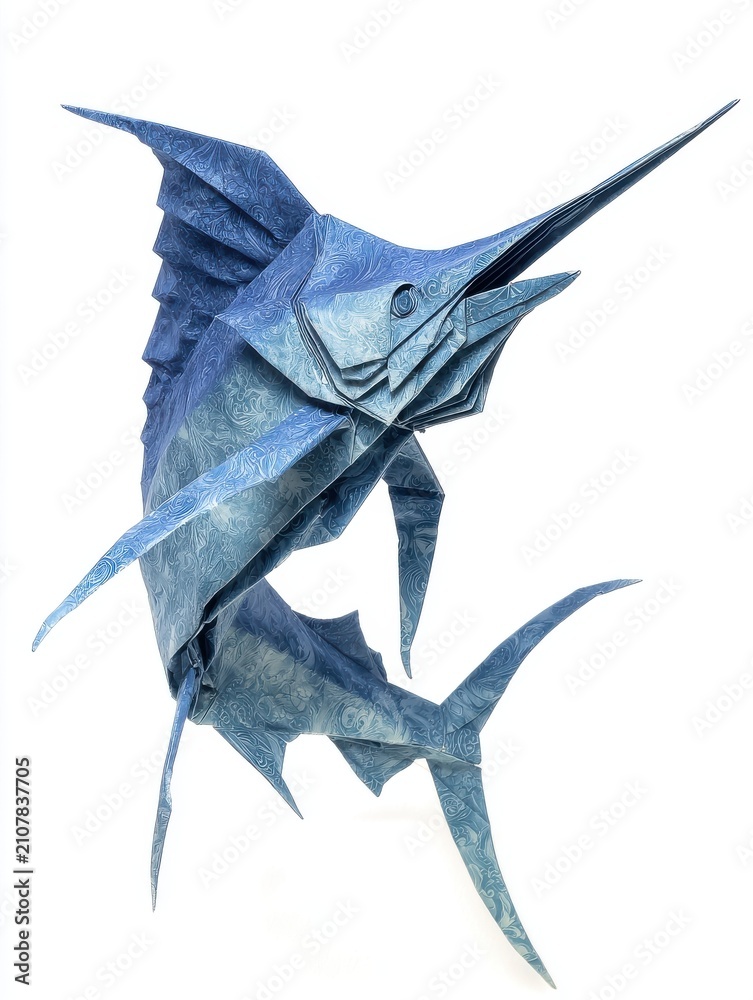 Fototapeta premium Blue Origami Marlin Fish Paper Sculpture Isolated On White Background