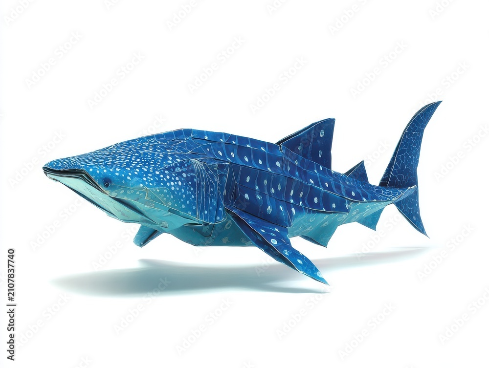 Fototapeta premium Blue Origami Whale Shark Paper Craft Sculpture Isolated On A Crisp White Background