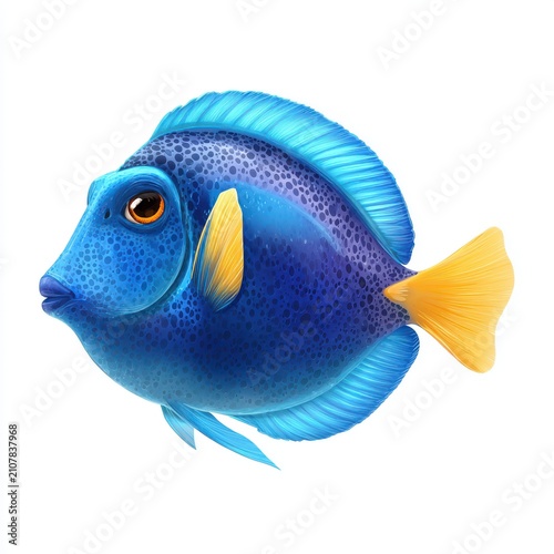 Blue Tang Fish With Bright Yellow Fins Isolated On A Clean White Background Digital Illustration