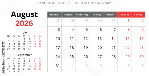 August 2026 monthly English calendar. Monday start, vector design