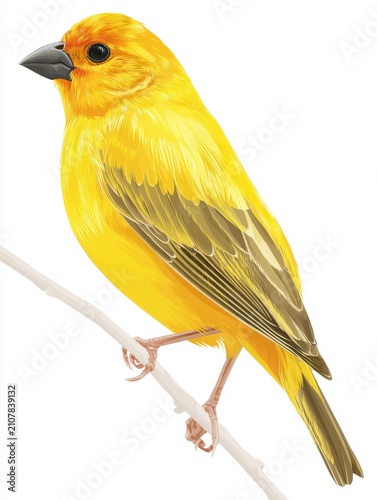 Bright Yellow Saffron Finch Perched On A Thin Twig Against A Pure White Background
