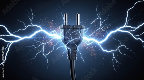 A black electrical plug with blue lightning bolts and sparks illustrating powerful electric current flow.