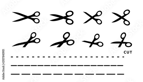 scissors cutting icon set with cut lines flat vector collection