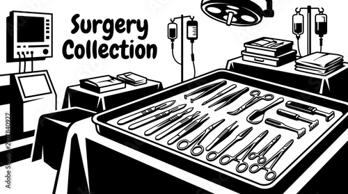 Quadro su tela surgical instruments featuring scalpels forceps scissors retractors clamps needl