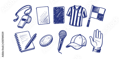 referee sports equipment official element collection hand drawn doodle icon set vector illustration