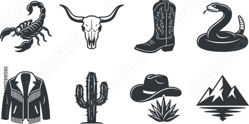 Obraz na płótnie Wild West Desert Elements Vector Set Featuring Cowboy Hat Boot Bull Skull Scorpi