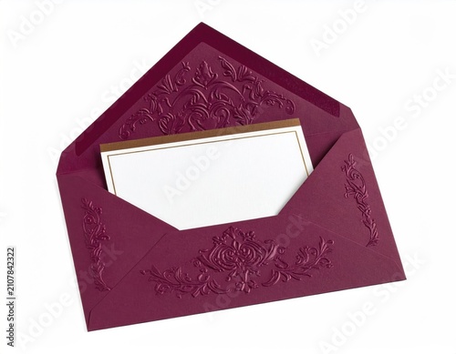 Embossed deep red envelope with ornate design holds blank card