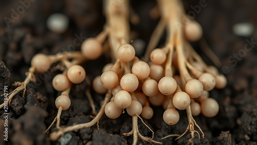 Extreme close-up of pale pink root nodules on legume plant roots.