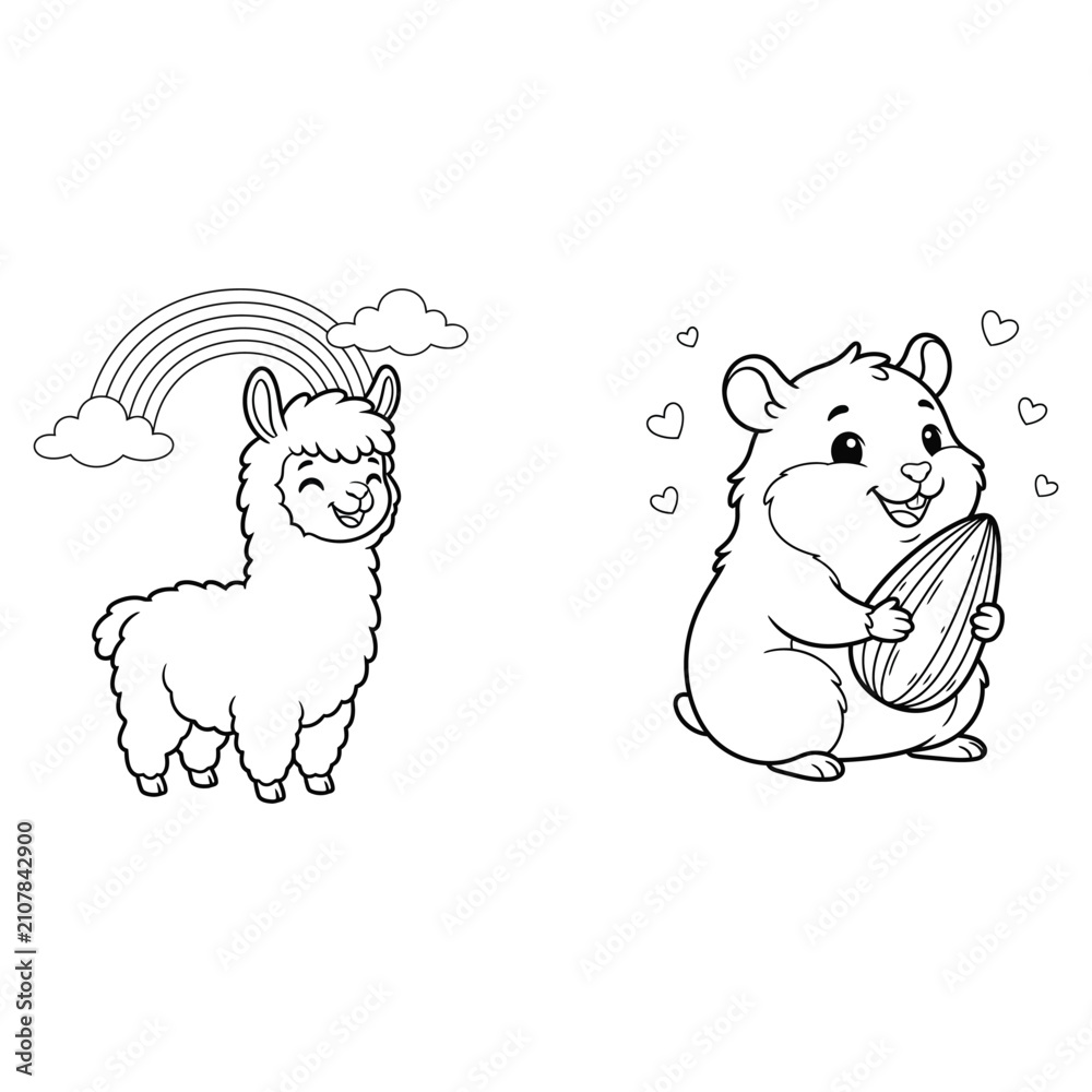 Fototapeta premium Cute Animal Coloring Pages Collection with Alpaca and Hamster Outline Vector Illustration Set
