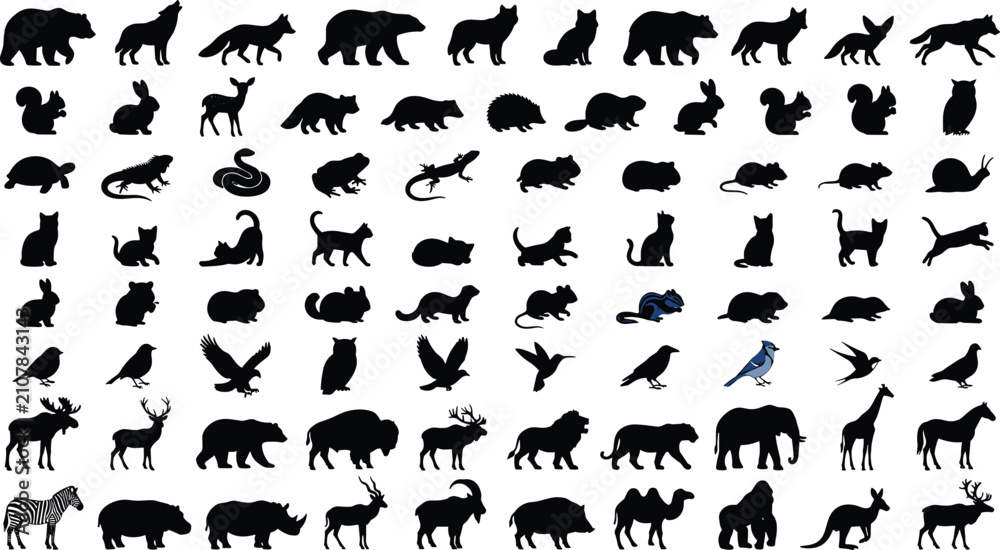 Obraz premium Massive wild and domestic animals silhouette vector collection featuring birds mammals reptiles and forest wildlife icon mega set