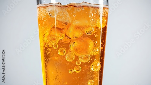 A glass of carbonated drink with rising bubbles and condensation on a clean background.