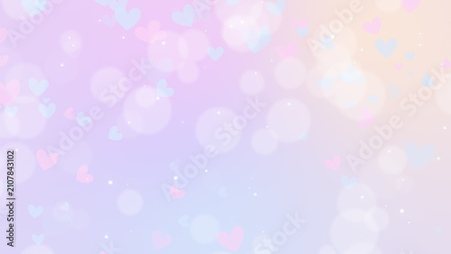 Obraz na plátně パステルカラーのグラデーション背景に舞う可愛いハートと丸ボケのエフェクト画像素材 / Cute hearts and bokeh lights floating