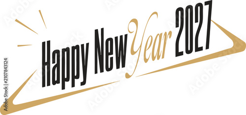 Happy new year 2027 retro mid century modern typography featuring perspective text and gold atomic age geometric shapes on transparent background for vintage style holiday posters.