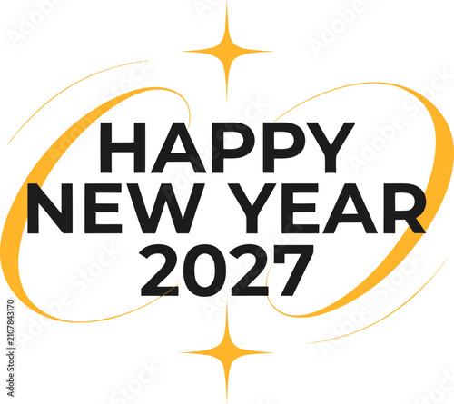 Happy new year 2027 bold circular emblem with yellow swash frame and star ornaments on transparent background for modern holiday brand identities and social media announcement posts.