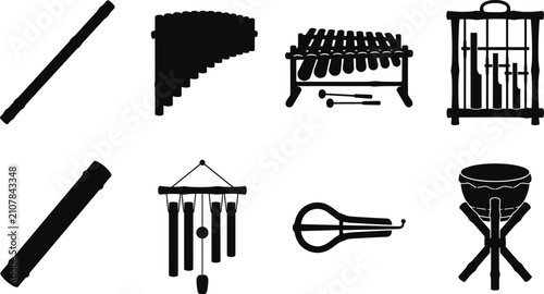 Fotografi Musical Instrument Silhouettes Featuring Flute, Pan Flute, Xylophone, Chimes, Ra
