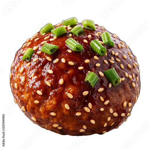 Glazed Korean BBQ Meatball with Sticky Red Sauce and Spring Onion Garnish – Asian Food PNG Transparent