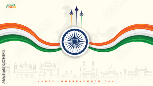 Modern 80th Independence Day of India 2026 banner featuring a central Ashoka Chakra, flowing tricolor ribbon, Red Fort skyline, and patriotic design. Ideal for web banners, social media headers, greet