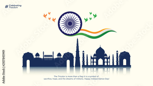 Modern 80th Independence Day of India 2026 banner featuring Ashoka Chakra, flowing tricolor ribbon, Indian monument skyline, and flying birds. Perfect for web banners, greeting cards, social media pos