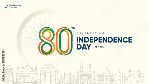 Modern 80th Independence Day of India 2026 banner featuring colorful 80 typography, Indian monument skyline, and patriotic design. Perfect for greeting cards, web banners, social media posts, and nati