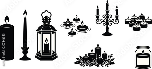 Tableau sur toile Decorative Candle and Lantern Silhouette Collection with Candelabra Floating Can
