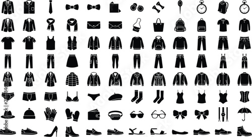Men and women clothing fashion accessories silhouette icons set featuring shirts suits shoes jackets and wardrobe vector illustrations on white background