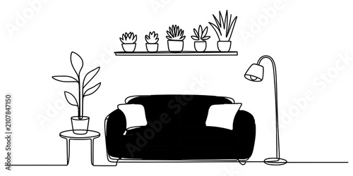 Modern living room furniture with a cozy sofa, floor lamp, small side table with a plant and a wall shelf holding various decorative potted plants Vector, illustration