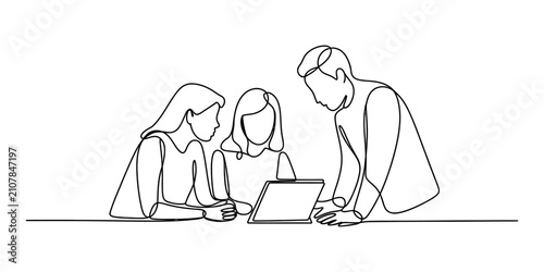 Group of business people working together on a laptop in a continuous single line drawing style for office collaboration and teamwork concept Vector, illustration