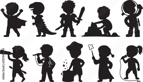 Canvastavla Black Silhouette Icons Depicting Children In Playful Roles And Fantasy Character