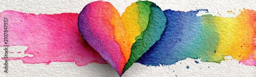 Watercolor painting of a rainbow heart on a white paper love background