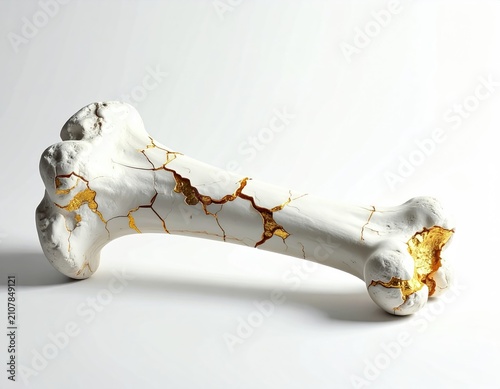 White ceramic bone art, cracked and mended with gold