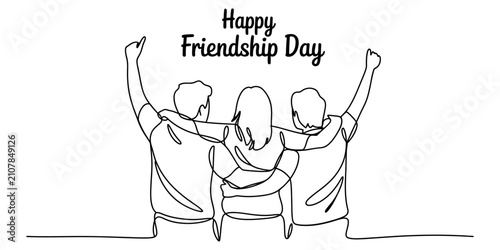 Schilderij op canvas Continuous line drawing of three best friends hugging and celebrating happy frie