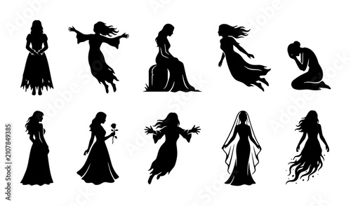 Quadro su tela 70 Gothic Ghostly Figures Vector Set, Ethereal Female Silhouettes, Spooky Appari